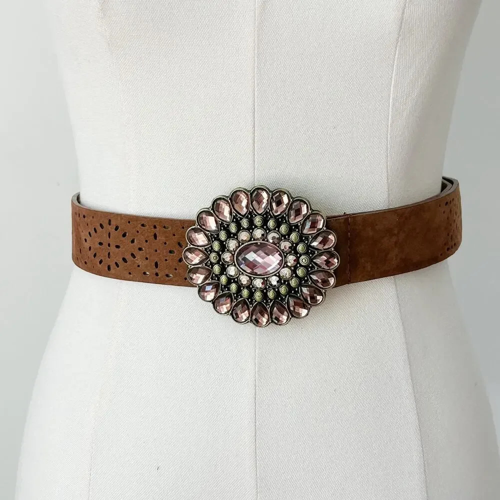 Womens Y2K Brown Faux Suede‎ Statement Belt Size 9 Round Jeweled Buckle Western
